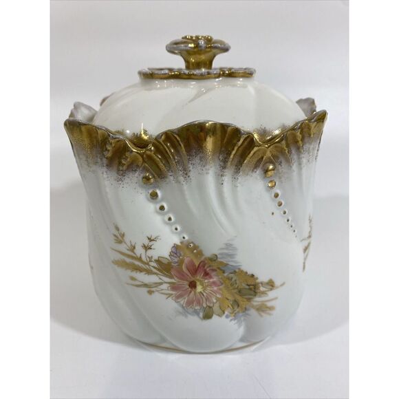 Antique A Lanternier Limoges France Hand Painted Lidded Biscuit Jar Tea Caddy 7" - Picture 4 of 12